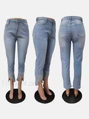 Beading Mid Waist Skinny Jeans Jeans