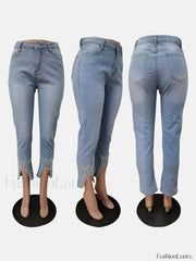 Beading Mid Waist Skinny Jeans Jeans