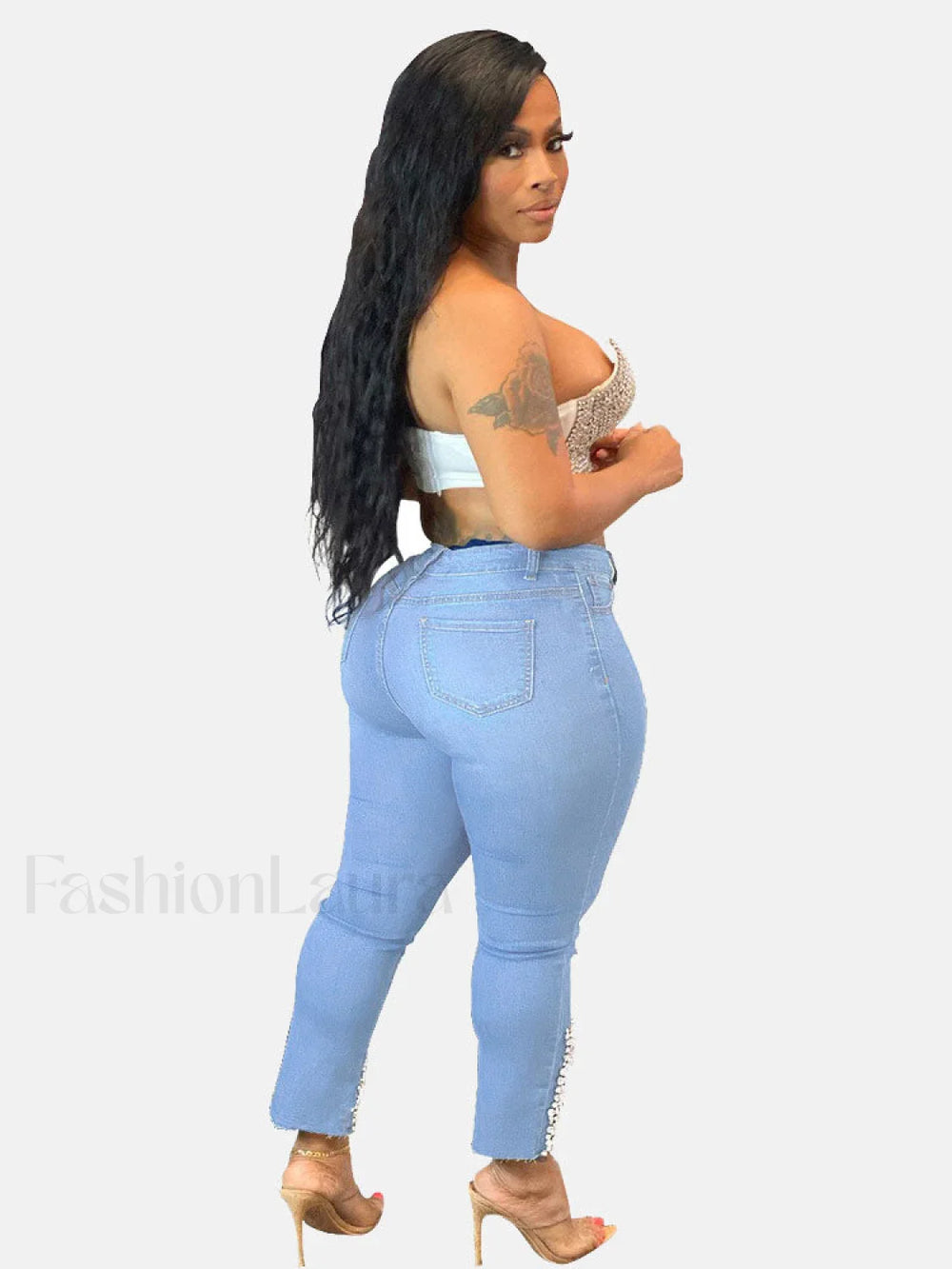 Beading Mid Waist Skinny Jeans Jeans