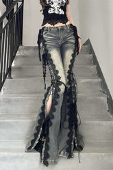 Flare Lace Bandage Denim Jeans Blue / S