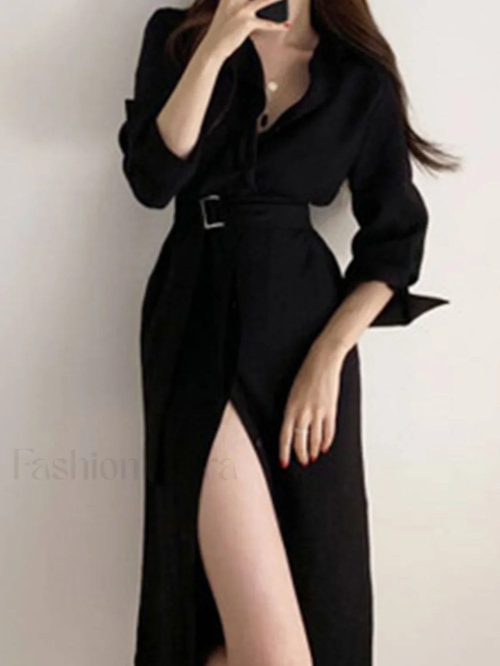 Belted Long Sleeve Shirt Midi Dress Black / ONE SIZE Midi Dresses