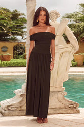 Black One Shoulder Off The Shoulder Tube Top Maxi Dress Brown / XS