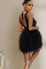 Black Plunge Stylish Front Mini Dress Party Dresses L