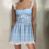 Blue Gingham Babydoll Mini Dress SKY BLUE / S