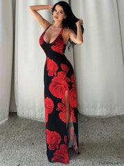 Body Shaping Sleeveless Floral Dress Red / S