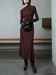 Bodycon Asymmetrical Neck Long Modern Sleeve Ruched Maxi Dress Dresses