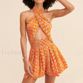 Bohemian Cross Strap Floral Dress 01 Orange / S
