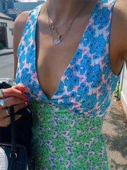 Bohemian Floral Print Deep V Neck Bodycon Floral Dress