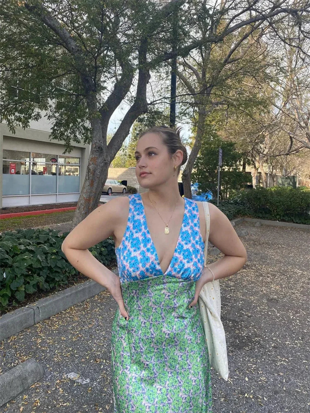 Bohemian Floral Print Deep V Neck Bodycon Floral Dress