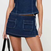 Bow Patchwork Denim Skirt DEEP BLUE / S