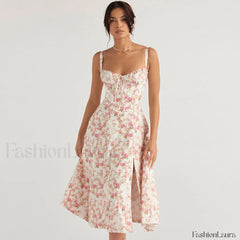Breezy Floral Printed Lace Up Back Tie String Slit Midi Sundress Pink M / Pink Sun Dresses