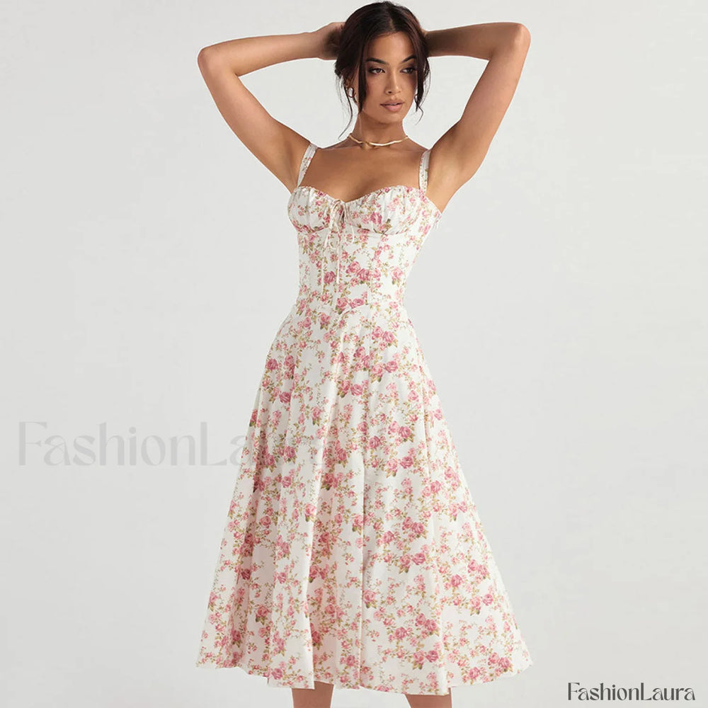 Breezy Floral Printed Lace Up Back Tie String Slit Midi Sundress Pink S / Pink Sun Dresses