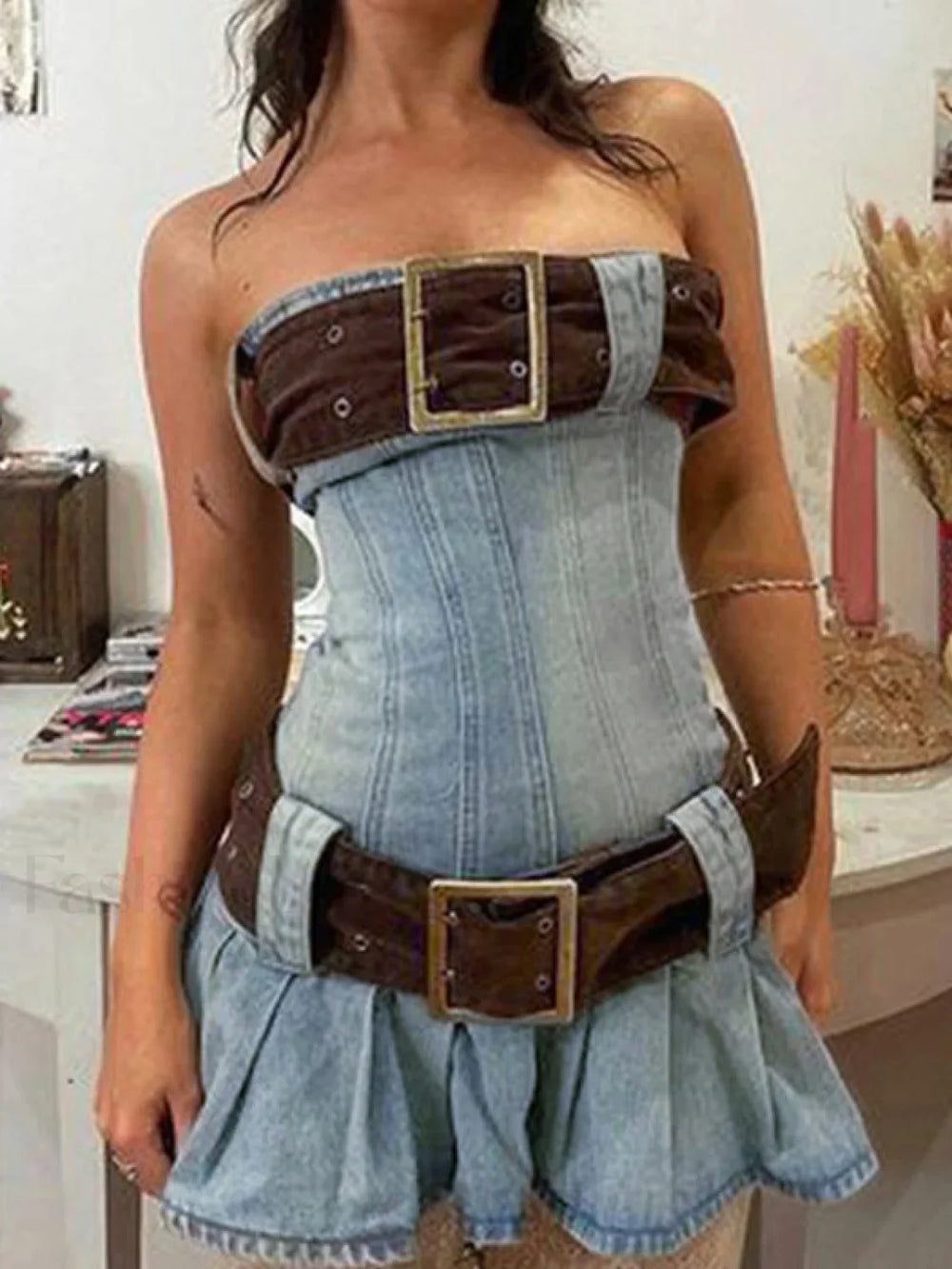 Buckle Belt Strapless Denim Mini Dress Mini Dresses