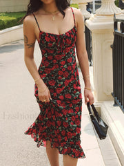 Bulgarian Roses Floral Trendy Cami Long Dress Black / XS Dresses