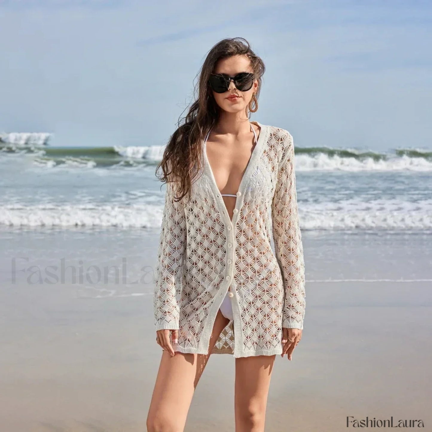 Butterfly Tassel Crochet Cover Up Beige Dress / S