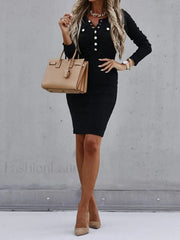 Button Front Long Sleeve Midi Dress Black / S Midi Dresses