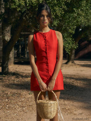 Button Front Sleeveless Short Dress Dresses