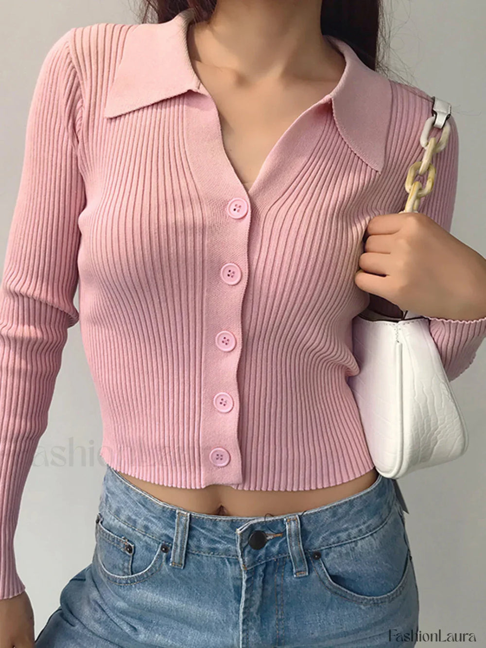 Button Up Graceful Collared Cardigan Sweaters L