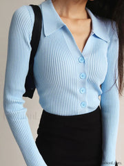 Button Up Graceful Collared Cardigan Sweaters L