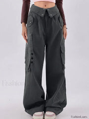 Buttoned High Waisted Cargo Pants Gray / S Cargo Pants