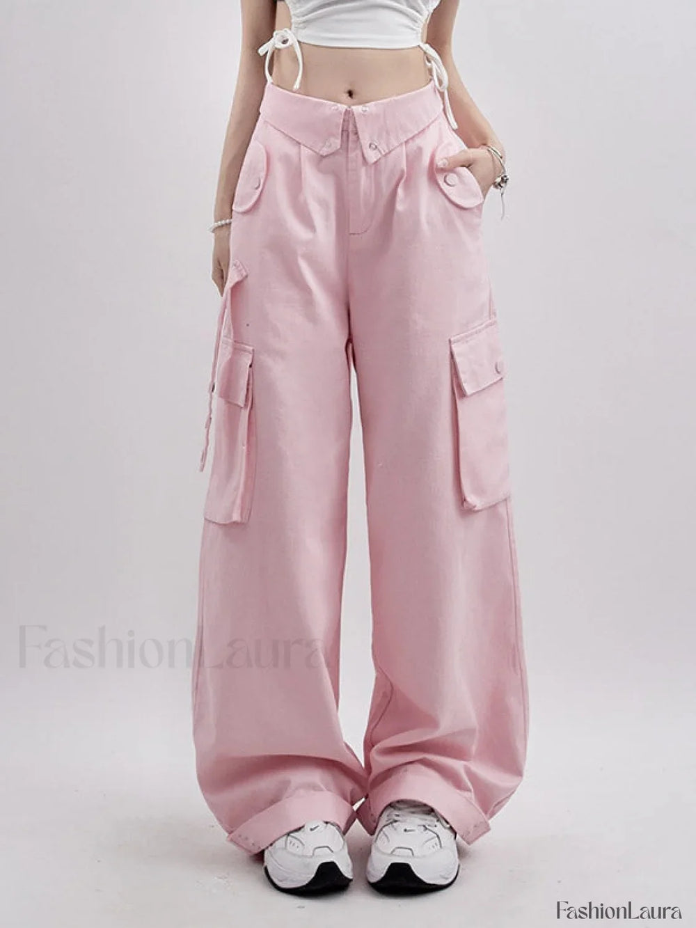Buttoned High Waisted Cargo Pants Pink / S Cargo Pants