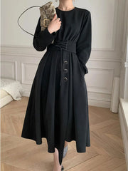 Buttoned Long Sleeve Corset Midi Dress Black / S Midi Dresses