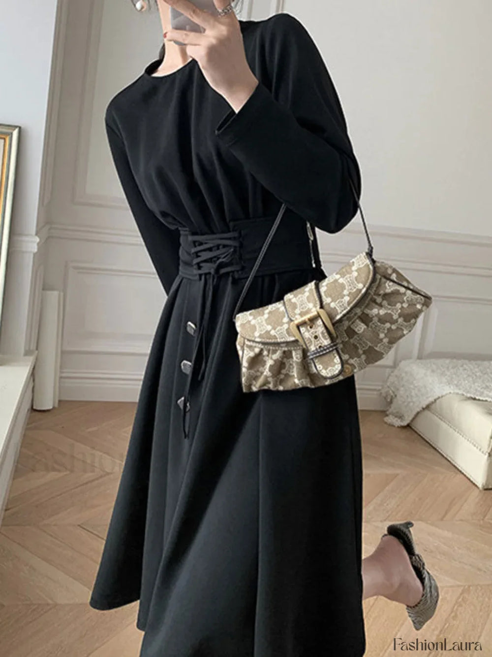 Buttoned Long Sleeve Corset Midi Dress Midi Dresses