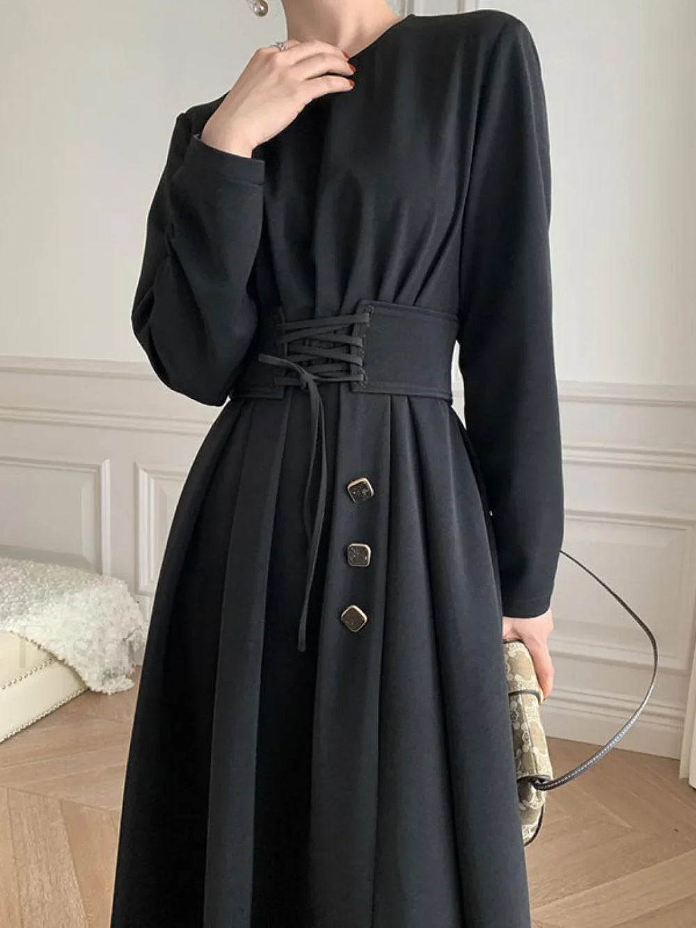 Buttoned Long Sleeve Corset Midi Dress Midi Dresses
