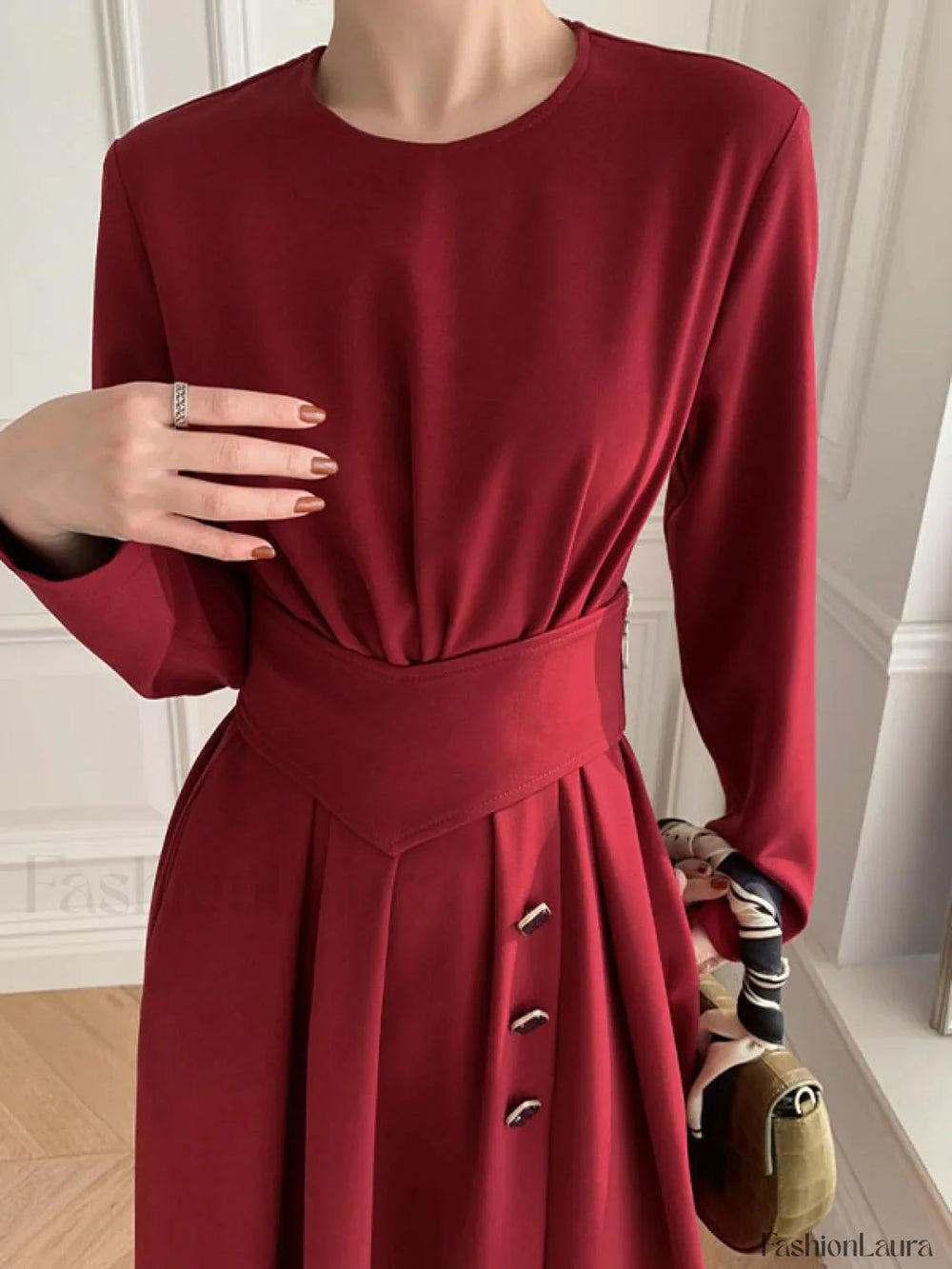 Buttoned Long Sleeve Corset Midi Dress Midi Dresses