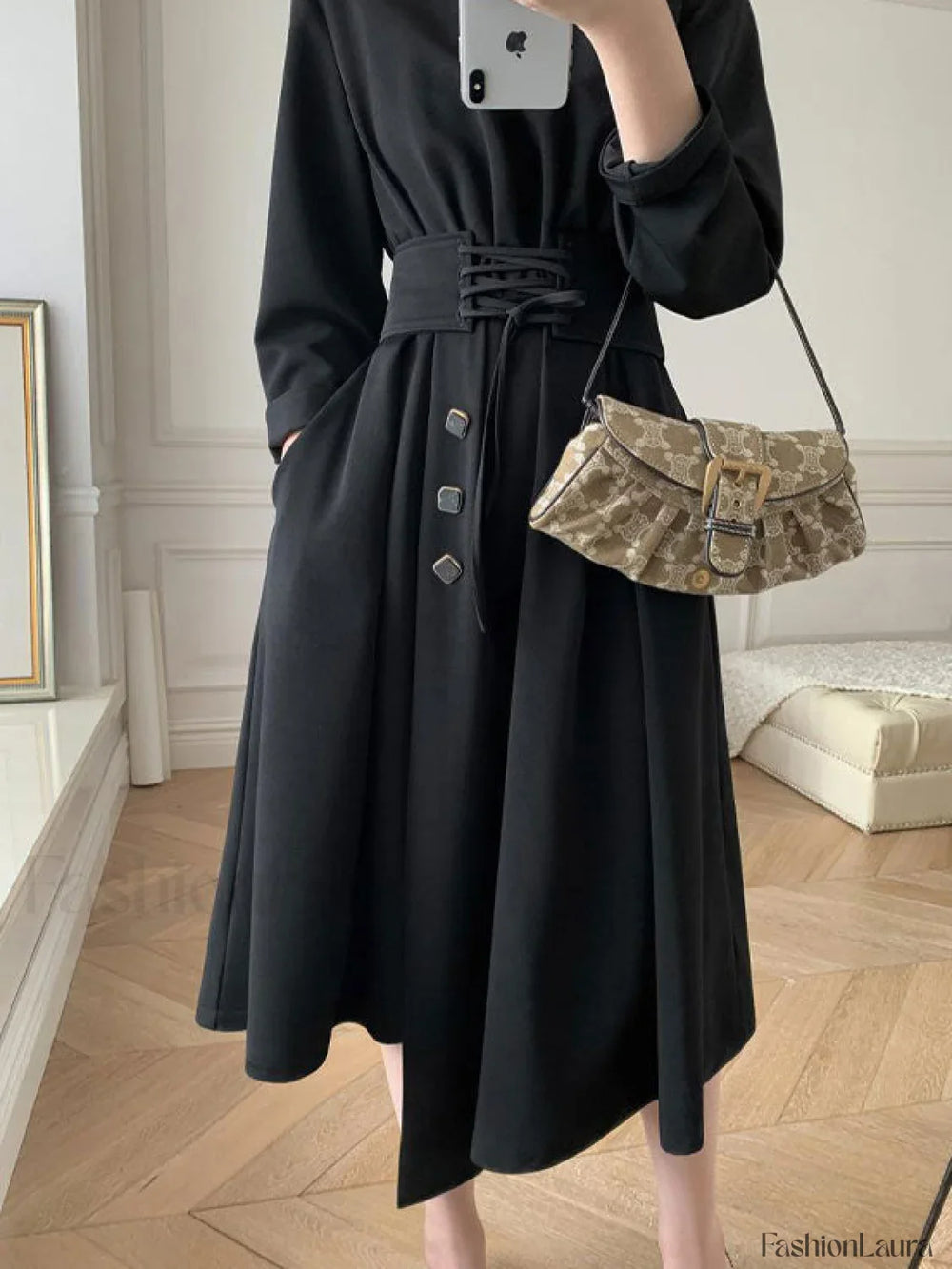 Buttoned Long Sleeve Corset Midi Dress Midi Dresses