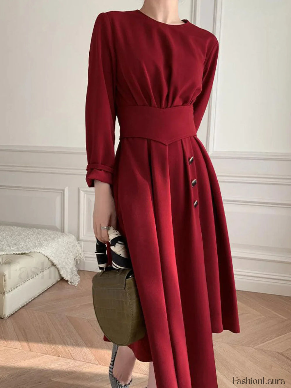 Buttoned Long Sleeve Corset Midi Dress Midi Dresses