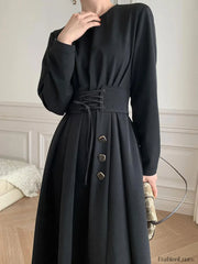 Buttoned Long Sleeve Corset Midi Dress Midi Dresses