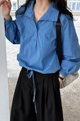 Lapel Collar Hem Drawstring Blouse