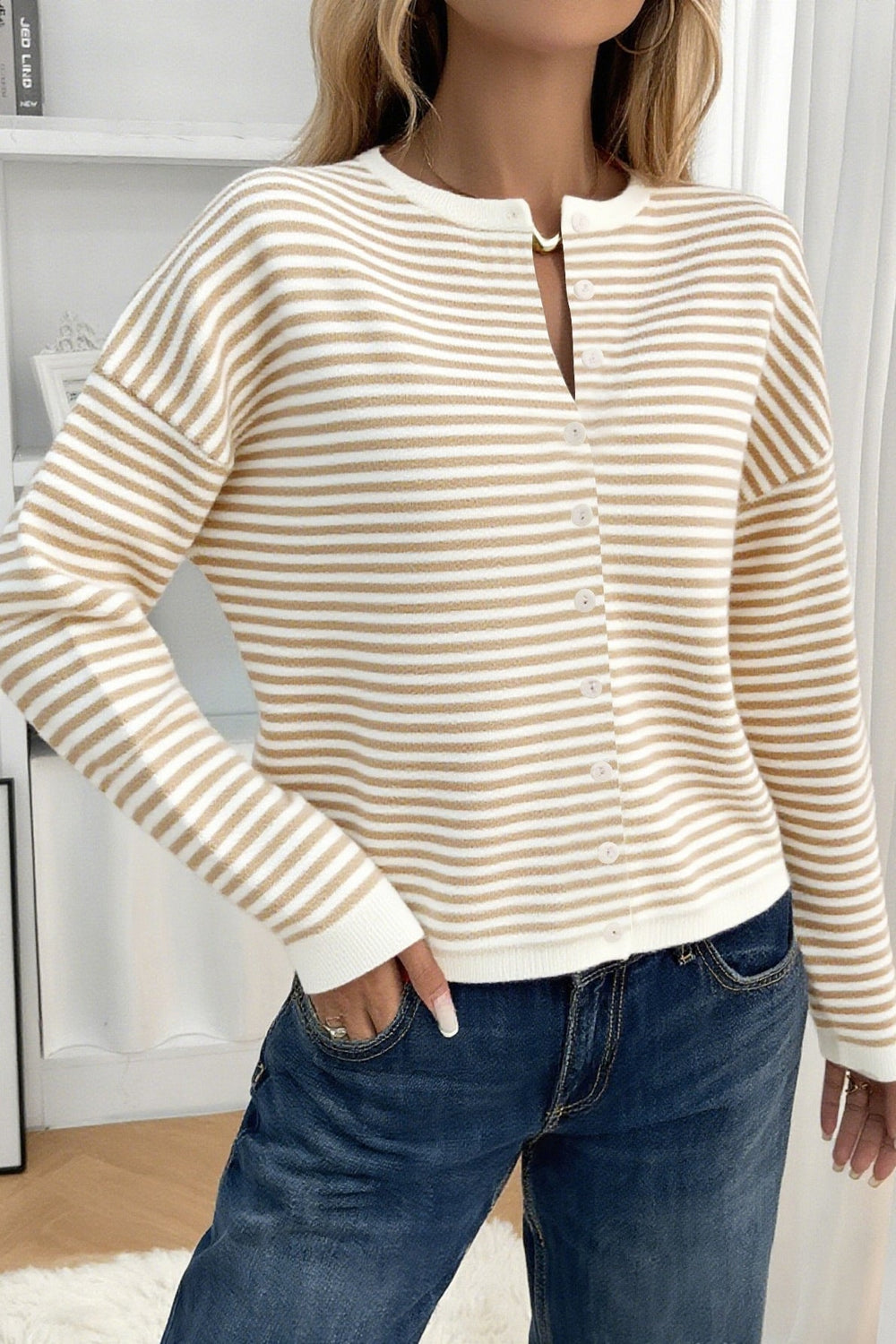 Striped Knit Round Neck Cardigan