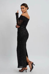 Strapless Mesh Long Sleeve Maxi Party Dress
