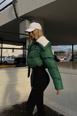 Polar Fleece Patchwork Faux Fur Collar Puffer Jacket