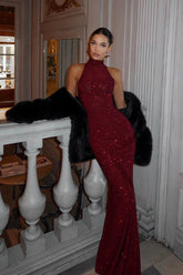 Solid Sparkling Halter Bodycon Formal Dress S / Red