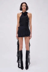 Asymmetric Rose Halter Mini Dress