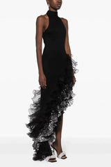 Black Ruffled Mesh Asymmetrical Party Dress