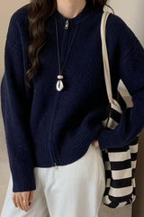 Casual Solid Color Zip-Up Loose Fit Knit Sweater