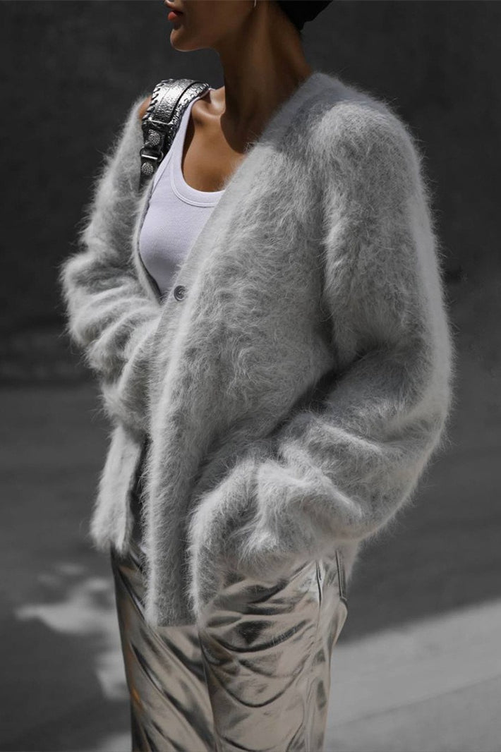 V Neck Fluffy Knit Cardigan Sweater