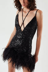 Glitter Panel Feather Trim Dress