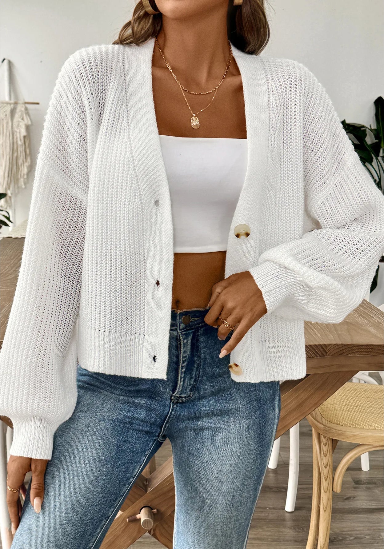 Short Knit Long Sleeve Cardigans White / S