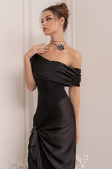 Black One Shoulder Flowy Sleeve Formal Dress