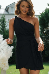 One-Shoulder Belted Asymmetrical Cocktail Dress
