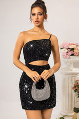 One Shoulder Sequin Backless Mini Dress