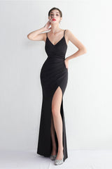 Long Satin Slit Halter Sheath Formal Dress