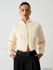 Cable Knit Two Trendy Way Zip Crop Cardigan Apricot / S Sweaters L