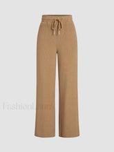 Camel Drawstring Ribbed Trendy Wide Leg Pants Camel / XS Pants