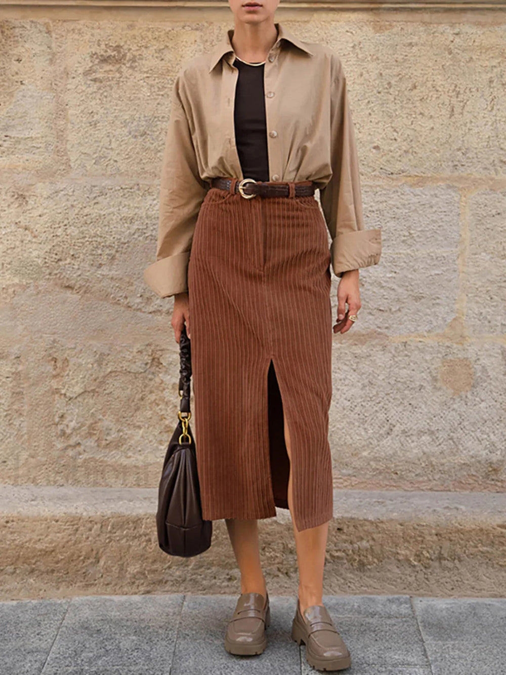 Caramel Corduroy Graceful Slit Midi Skirt Skirts